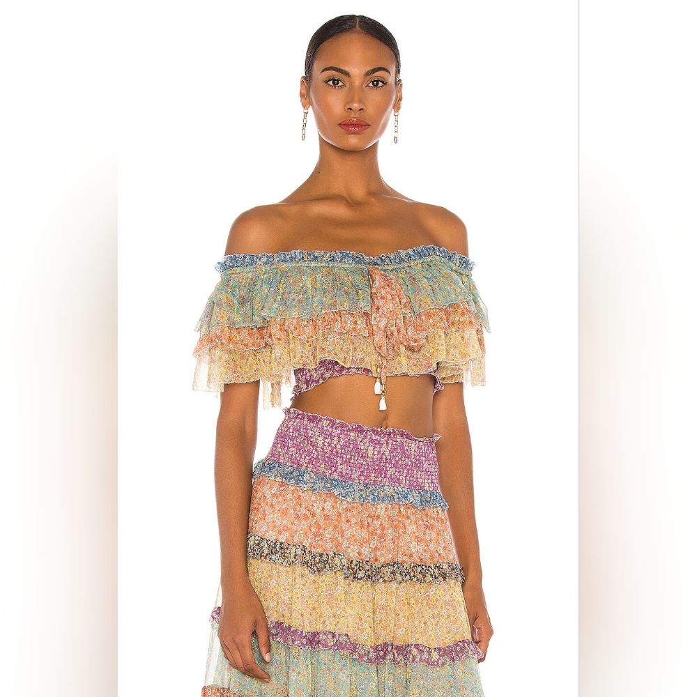 14. NWT ZIMMERMANN RESORT OFF THE SHOULDER CARNABY SPLICE FRILL CROP TOP - Picture 2 of 9